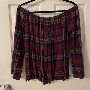 Anthropologie Cloth & Stone off the shoulder plaid flannel long sleeve shirt
